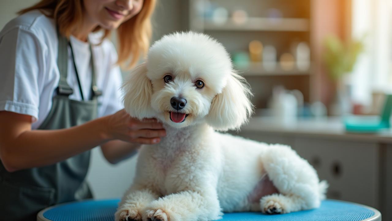 Expert pet grooming services - Gentle, professional care for all dog breeds Professional groomer caring for white poodle during grooming session in Lincoln